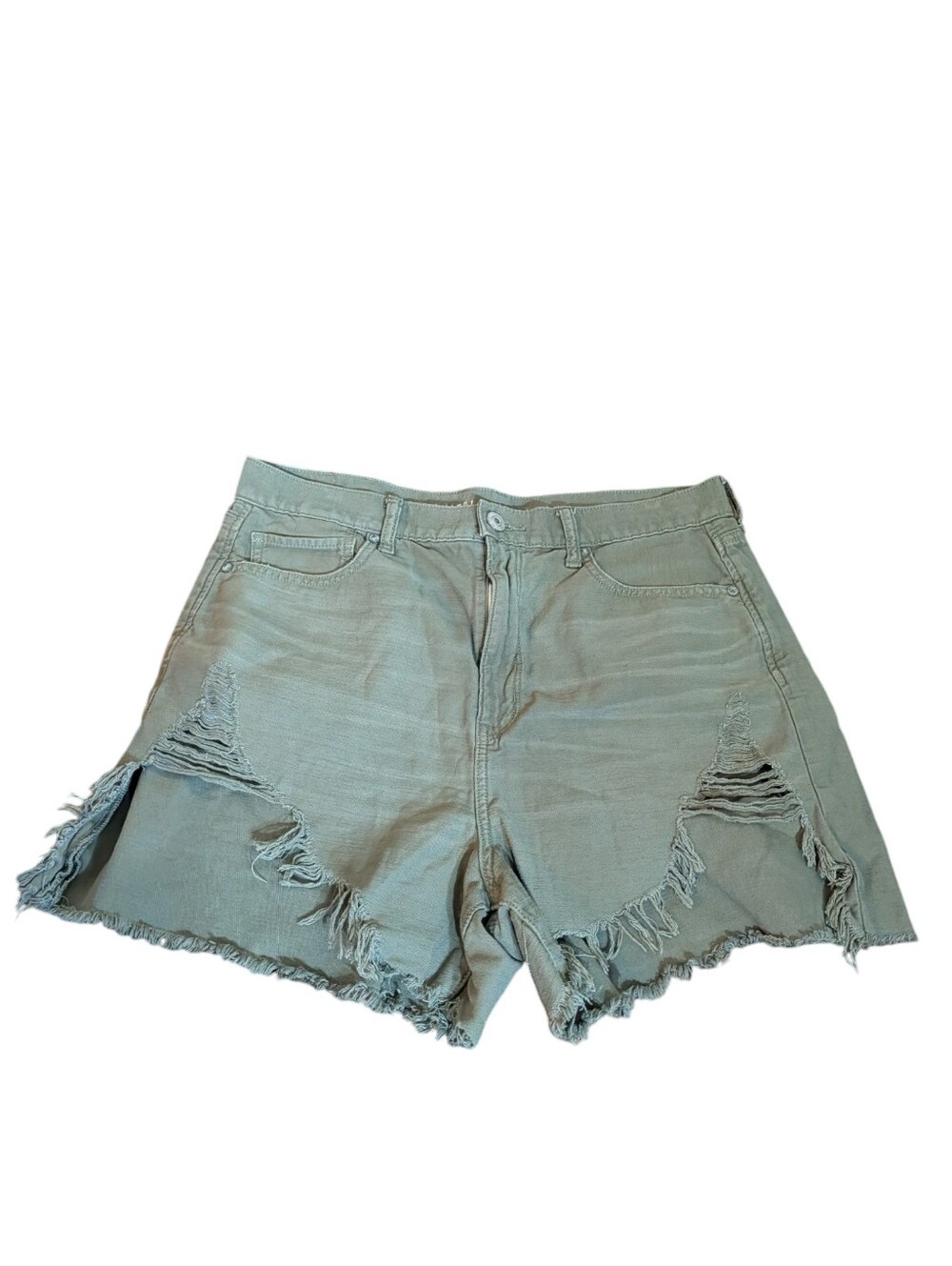 American Eagle Highest Rise Mom Shorts Olive Green Distressed Raw Hem Size 14